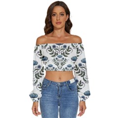 Flower Seamless Pattern Victorian Long Sleeve Crinkled Weave Crop Top