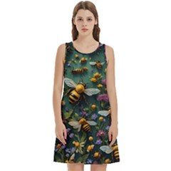 Bees Colony Flowers Round Neck Sleeve Casual Dress With Pockets