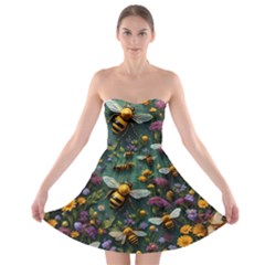 Bees Colony Flowers Strapless Bra Top Dress