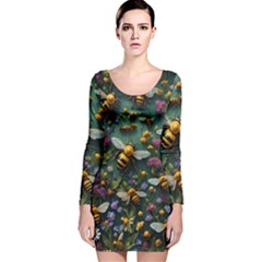 Bees Colony Flowers Long Sleeve Velvet Bodycon Dress