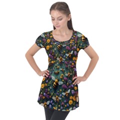 Bees Colony Flowers Puff Sleeve Tunic Top