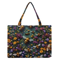 Bees Colony Flowers Zipper Medium Tote Bag