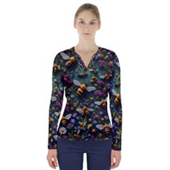 Bees Colony Flowers V-neck Long Sleeve Top