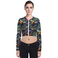 Bees Colony Flowers Long Sleeve Zip Up Bomber Jacket