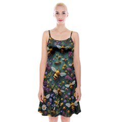 Bees Colony Flowers Spaghetti Strap Velvet Dress