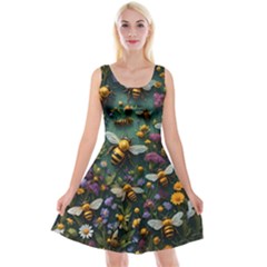 Bees Colony Flowers Reversible Velvet Sleeveless Dress