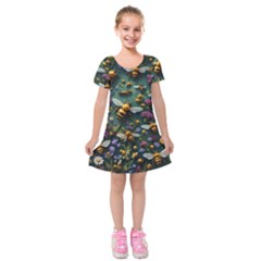 Bees Colony Flowers Kids  Short Sleeve Velvet Dress