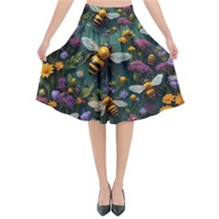 Bees Colony Flowers Flared Midi Skirt