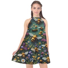 Bees Colony Flowers Halter Neckline Chiffon Dress 