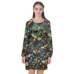 Bees Colony Flowers Long Sleeve Chiffon Shift Dress 