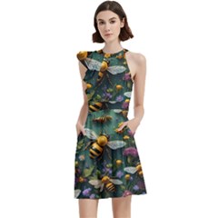 Bees Colony Flowers Cocktail Party Halter Sleeveless Dress With Pockets