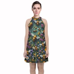 Bees Colony Flowers Velvet Halter Neckline Dress 