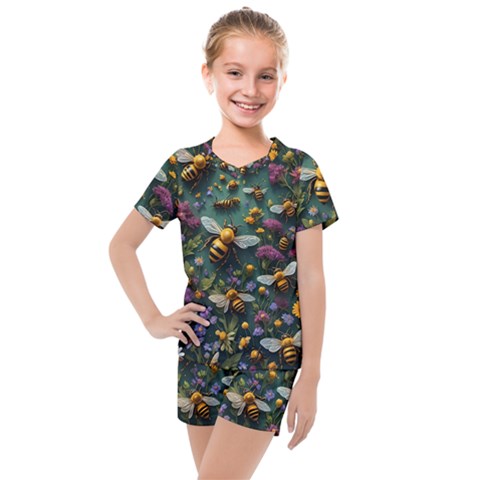 Bees Colony Flowers Kids  Mesh T-shirt And Shorts Set by Loisa77