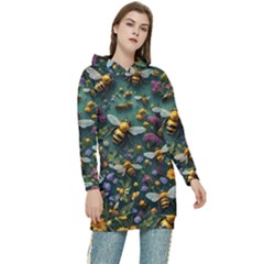 Bees Colony Flowers Women s Long Oversized Pullover Hoodie