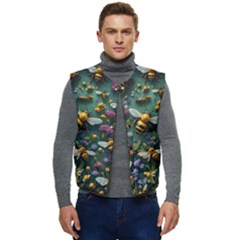 Bees Colony Flowers Men s Button Up Puffer Vest	