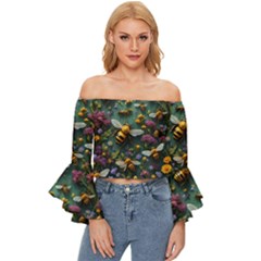 Bees Colony Flowers Off Shoulder Flutter Bell Sleeve Top