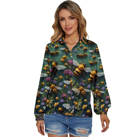 Bees Colony Flowers Women s Long Sleeve Button Up Shirt by Loisa77