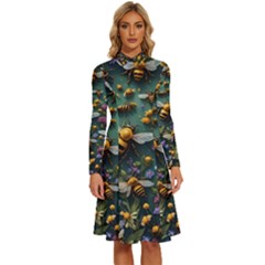 Bees Colony Flowers Long Sleeve Shirt Collar A-line Dress by Loisa77