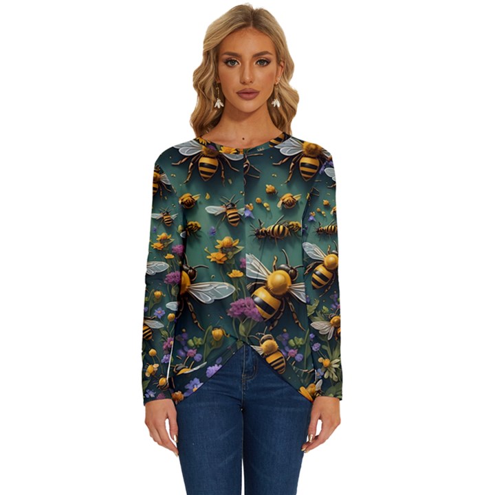 Bees Colony Flowers Long Sleeve Crew Neck Pullover Top