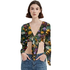 Bees Colony Flowers Trumpet Sleeve Cropped Top