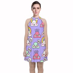 Cloud Seamless Pattern Velvet Halter Neckline Dress 