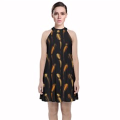 Abstract Art Pattern Warm Colors Velvet Halter Neckline Dress 