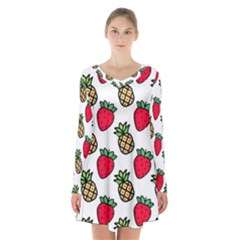 Strawberries Pineapples Fruits Long Sleeve Velvet V-neck Dress