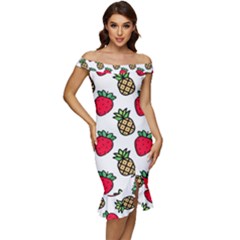 Strawberries Pineapples Fruits Off Shoulder Ruffle Split Hem Bodycon Dress by Loisa77