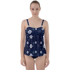 Blue Background Abstract Seamless Twist Front Tankini Set by Loisa77