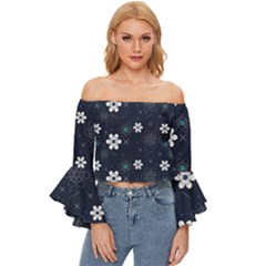 Blue Background Abstract Seamless Off Shoulder Flutter Bell Sleeve Top