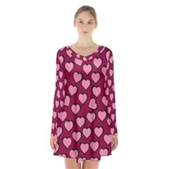 Pattern Pink Abstract Heart Long Sleeve Velvet V-neck Dress