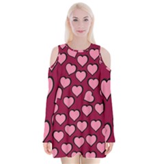 Pattern Pink Abstract Heart Velvet Long Sleeve Shoulder Cutout Dress