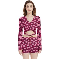 Pattern Pink Abstract Heart Velvet Wrap Crop Top And Shorts Set by Loisa77