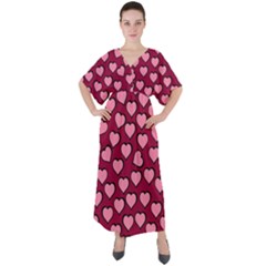 Pattern Pink Abstract Heart V-neck Boho Style Maxi Dress by Loisa77