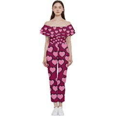 Pattern Pink Abstract Heart Bardot Ruffle Jumpsuit