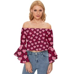 Pattern Pink Abstract Heart Off Shoulder Flutter Bell Sleeve Top