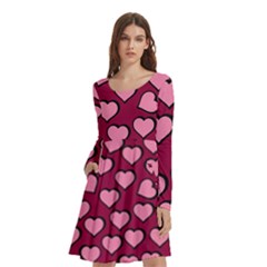 Pattern Pink Abstract Heart Long Sleeve Knee Length Skater Dress With Pockets by Loisa77