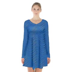 Blue Wave Abstract Texture Seamless Long Sleeve Velvet V-neck Dress