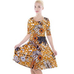 Leaf Yellow Point Flower White Quarter Sleeve A-line Dress With Pockets