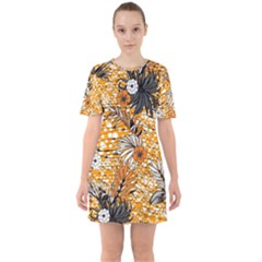 Leaf Yellow Point Flower White Sixties Short Sleeve Mini Dress by Loisa77