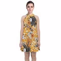 Leaf Yellow Point Flower White Velvet Halter Neckline Dress 