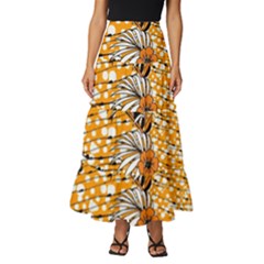 Leaf Yellow Point Flower White Tiered Ruffle Maxi Skirt by Loisa77