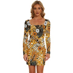 Leaf Yellow Point Flower White Long Sleeve Square Neck Bodycon Velvet Dress by Loisa77