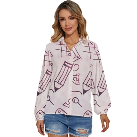 Background Pattern Doodle Wallpaper Women s Long Sleeve Button Up Shirt by Loisa77