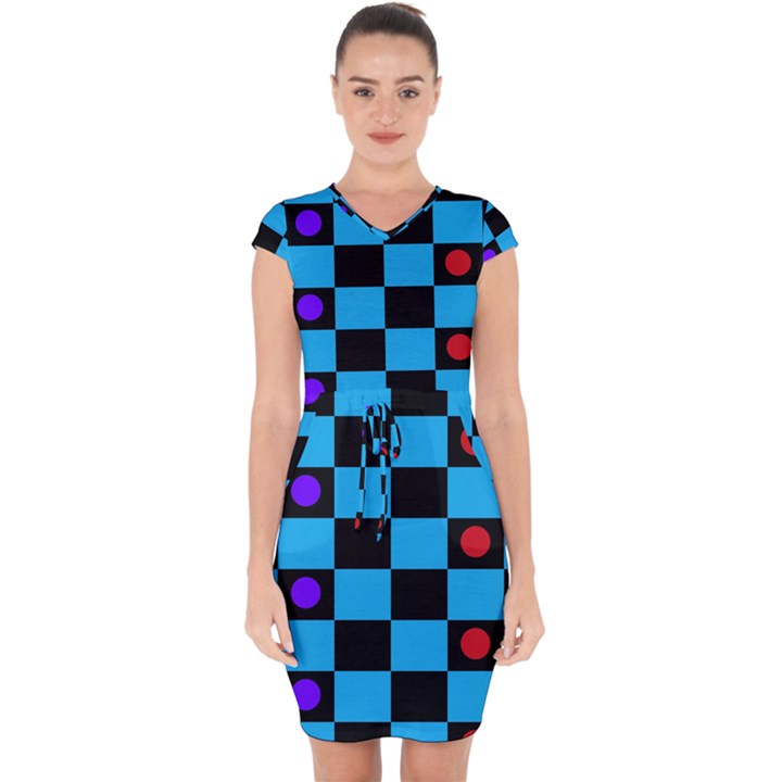 Background Pattern Geometric Game Capsleeve Drawstring Dress 