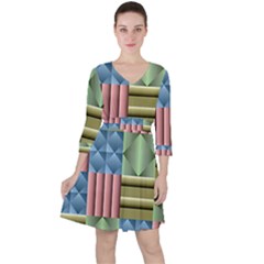 Patchwork Tile Pattern Mosaic Quarter Sleeve Ruffle Waist Dress by Loisa77