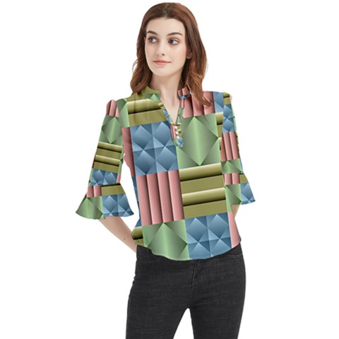 Patchwork Tile Pattern Mosaic Loose Horn Sleeve Chiffon Blouse by Loisa77