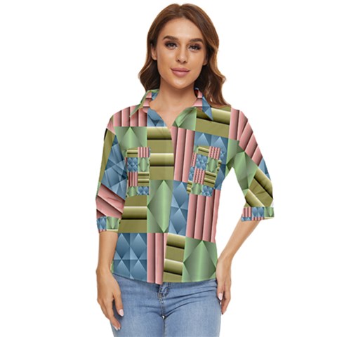 Patchwork Tile Pattern Mosaic Women s Quarter Sleeve Pocket Shirt by Loisa77