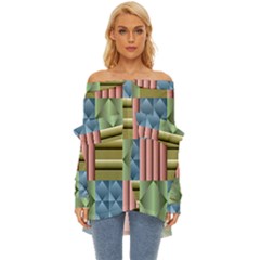 Patchwork Tile Pattern Mosaic Off Shoulder Chiffon Pocket Shirt by Loisa77