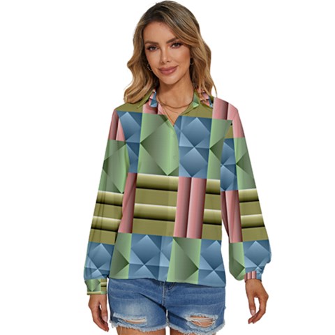 Patchwork Tile Pattern Mosaic Women s Long Sleeve Button Up Shirt by Loisa77